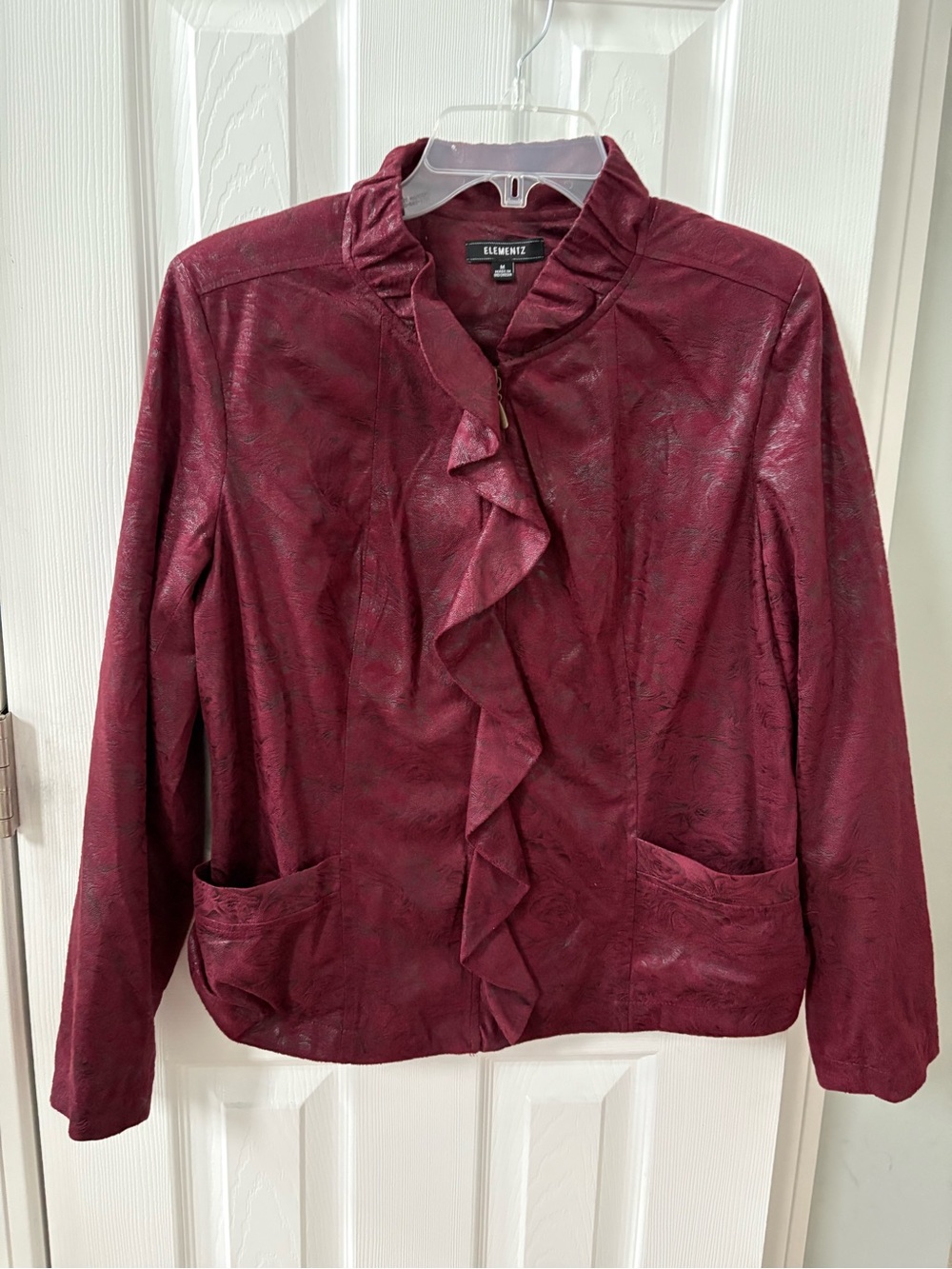 Elementz Burgundy Ruffle-Front Women's Blazer
